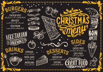 Christmas menu for restaurant and cafe on a blackboard.