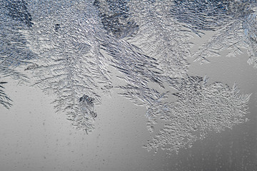 Frosty drawings on the window, frost, background with copy space, New Year