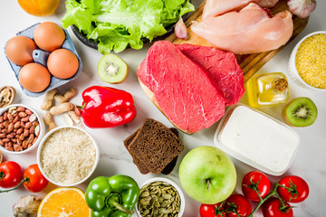 Healthy diet food. Various low fodmap ingredients selection - meat, vegetables, berry, fruit,...