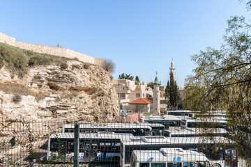 Mosque Al Adhami and Bald Mountain - Calvary. View from The Garden Tomb Jerusalem located in East...