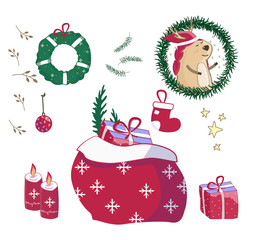 Santa Claus gifts in bag. Christmas presents sack, pile of sweets gift prize sackful and fun surprised xmas present with cartoon ribbon bow, greeting new year vector illustration.