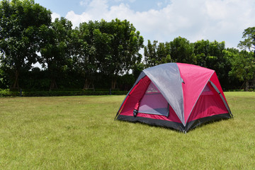 Pink color camping tent with rain fly expanded on green field.