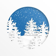 Decorated spruce in the forest with snow in the winter season and Christmas. Vector art and digital craft style.Paper cut