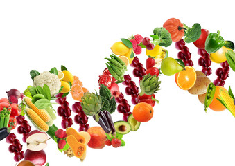 Nutrigenetics concept DNA strand made with healthy fresh vegetables and fruits