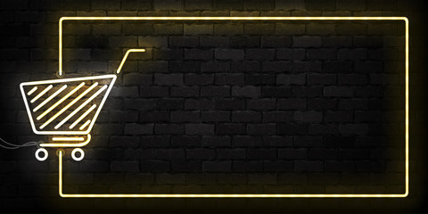 Vector realistic isolated neon sign of Supermarket Shopping Cart frame logo for decoration and covering on the wall background. Concept of Black friday, sale and online shopping.