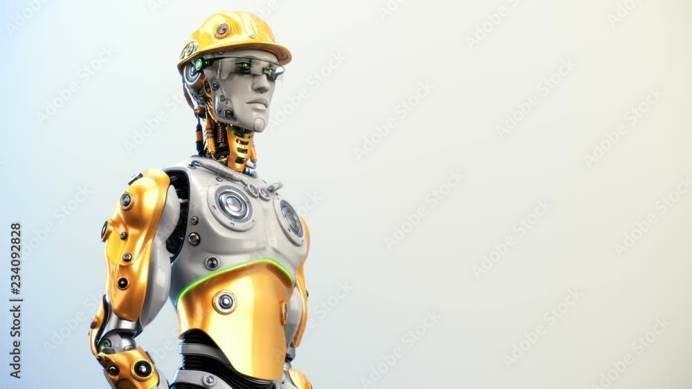 Poster smart robotic man in protective hat operating with tablet, 3d rendering with mask