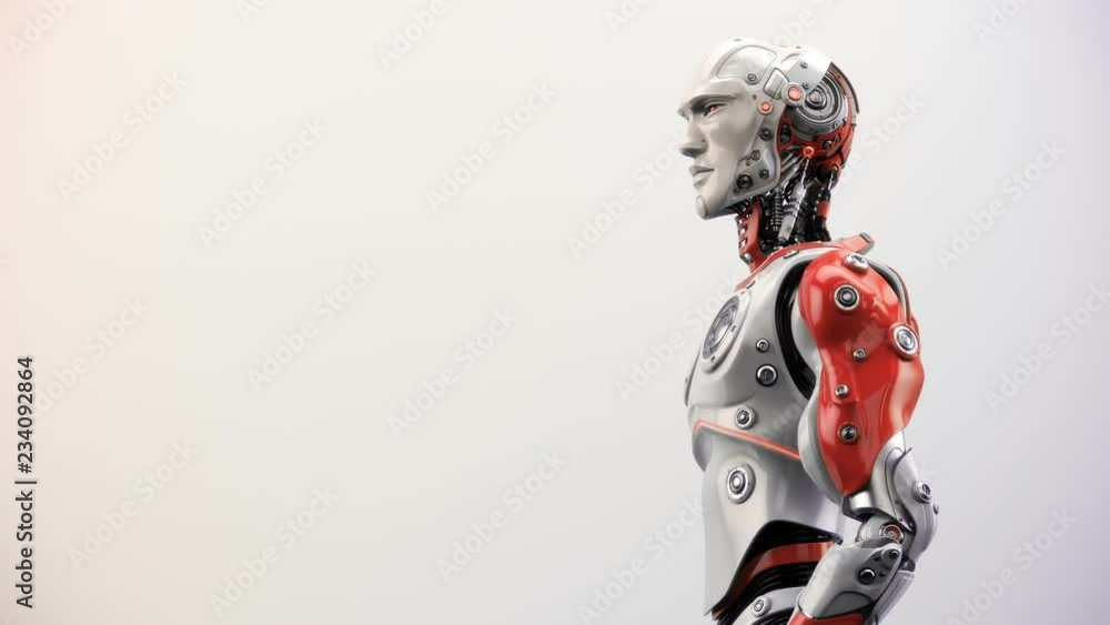 Poster smart robotic man in protective hat operating with tablet, 3d rendering with alpha