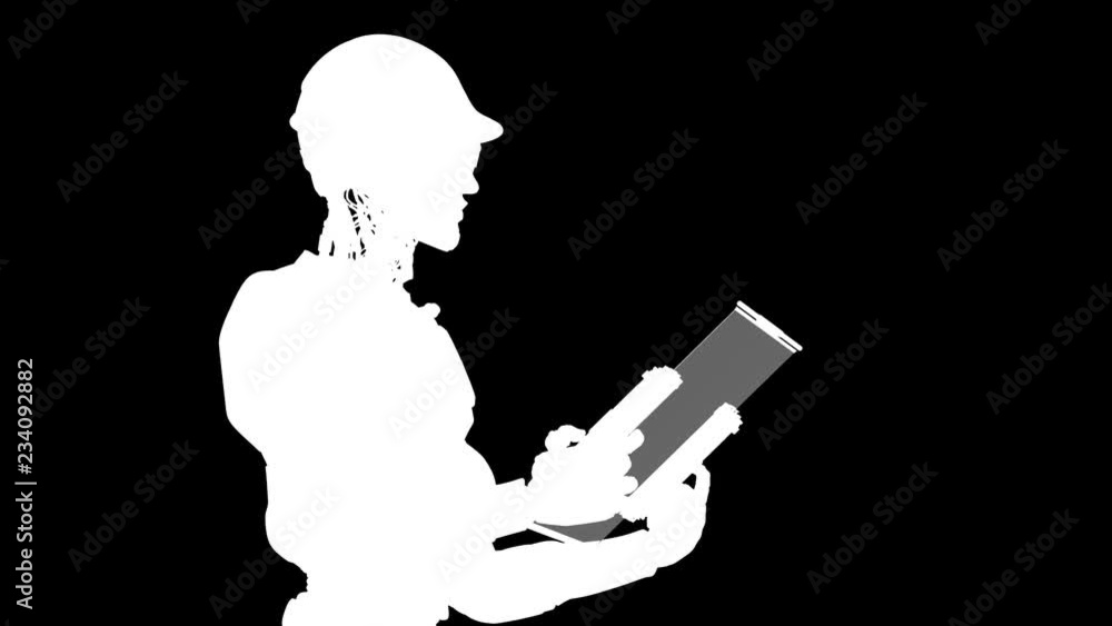 Poster intelligent ai robot man looking to the tablet. camera moving, 3d rendering