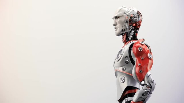 Smart robotic man in protective hat operating with tablet, 3d rendering with alpha
