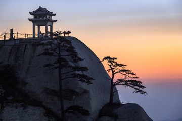 Beautiful Chinese Pagoda and tree Silhouette at the top of Mount Hua (Huashan) - Huayin, near Xi'an...