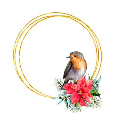Watercolor Christmas golden wreath with robin and winter design. Hand painted bird with poinsettia, mistletoe, fir branch and holly isolated on white background. Holiday symbol for design, print.