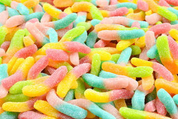Juicy colorful jelly sweets. Gummy candies. Snakes.