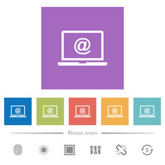 Laptop with email symbol flat white icons in square backgrounds