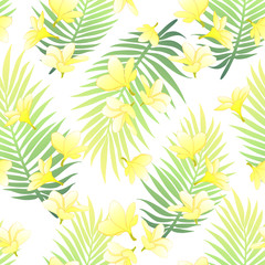 Tropical gradient green palm leaves with exotic yellow plumeria flowers. Seamless floral summer pattern on white background. Vacations banner, wallpaper texture design
