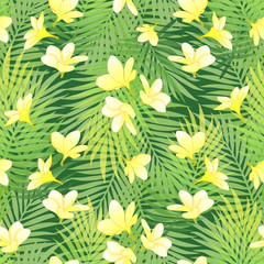 Seamless pattern with exotic yellow frangipani flowers and palm tree leaves. Abstract summer holiday design. Exotic floral motif