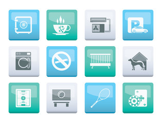 hotel and motel amenity icons over color background - vector icon set