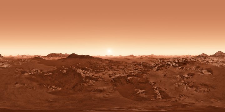360 Panorama of Mars sunset, environment map. Equirectangular projection, spherical panorama. 3d illustration