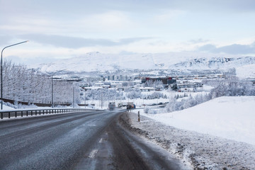 Beautiful and dangerous driving road in winter snow Iceland