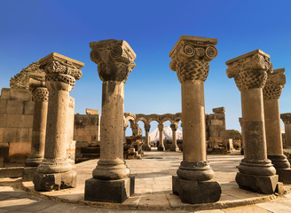 The ruins of the ancient medieval temple of Zvartnots in Armenia on the background of mount Ararat