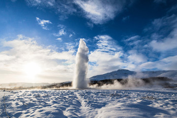 Geysir or sometimes known as The Great Geysir which is a geyser in Golden Circle southwestern Iceland - obrazy, fototapety, plakaty