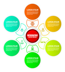 Infographic world transport presentation vector template with 6 options. Road transport, railways, aviation, shipping diagram.