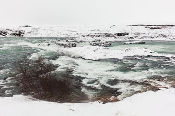 Urridafoss waterfall view during winter which located in the river Pjorsa in southwest Iceland