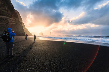 Reynisfjara or better known as Black Sand beach view during sunrise - obrazy, fototapety, plakaty