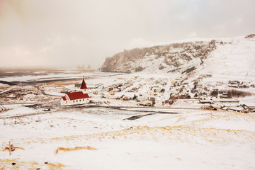 Vik Church view during winter which located in village of Vik in Reynisfjara, Iceland