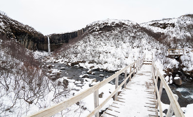 Skaftafell National Park view during winter snow which located in Vatnajokull Iceland that lead to Kristinartindar Mountain and Svartifoss waterfall.