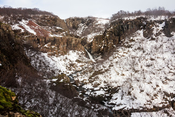 Skaftafell National Park view during winter snow which located in Vatnajokull Iceland that lead to Kristinartindar Mountain and Svartifoss waterfall.