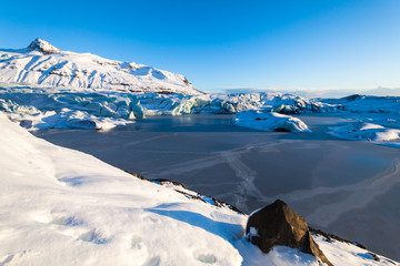 Fototapeta na wymiar Svinafellsjokull glacier view during winter snow in Iceland