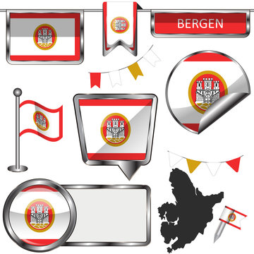 Glossy icons with flag of Bergen, Norway
