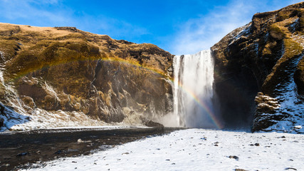 Skogafoss view during winter snow which located in Skoga River in South Iceland