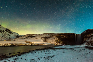 Skogafoss view during winter snow which located in Skoga River in South Iceland