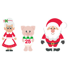 winter cartoon pig with christmas calendar and santa claus and cartoon mrs santa