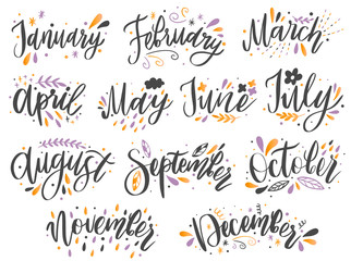 Handwritten names of months: December, January, February, March, April, May, June, July, August,September, October ,November Calligraphy words for calendars and organizers. - obrazy, fototapety, plakaty