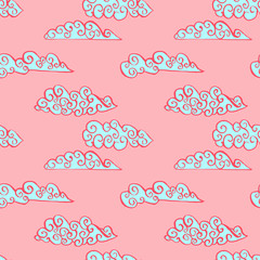 Pink sky with blue clouds. Seamless ink pattern. Vector texture.