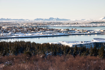 Reykjavik city view of Hallgrimskirkja from Perlan Dome, Iceland