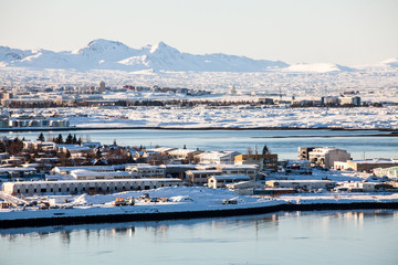 Reykjavik city view of Hallgrimskirkja from Perlan Dome, Iceland