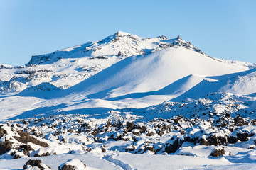 Borgarnes view during winter which is a town located on a peninsula at the shore of Borgarfjordur,...