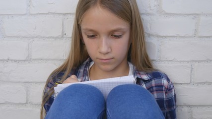 Student Child Writing, Studying, Thoughtful Kid, Pensive Learning School Girl