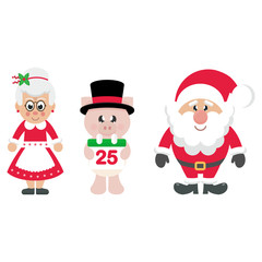 winter cartoon pig in hat with christmas calendar and santa claus and cartoon mrs santa