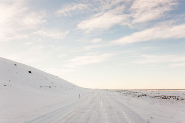 Beautiful winter snow landscape of Snaefellsnesvegur near Kirkjufell