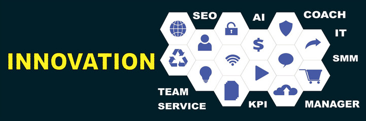 INNOVATION Panoramic Hi tech banner with hexagons icons and tags