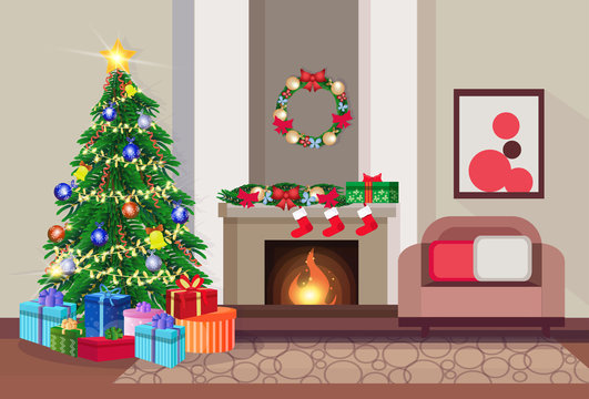 living room decorated merry christmas happy new year pine tree fireplace home interior decoration winter holiday concept flat horizontal vector illustration