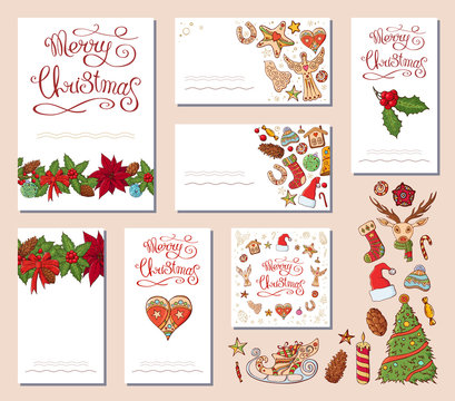 Festive templates with different traditional Christmas symbols and decoration.