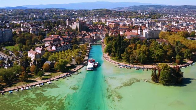4K Aerial view of Annecy lake waterfront low tide level due to the drought in France