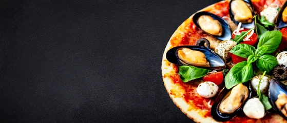 Papier Peint photo Lavable Pizzeria Seafood Italian Pizza on black stone background, top view. Pizza with Mussels, Tomatoes, Basil leaf and Mozzarella Cheese close up. Copy space