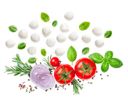 Composition with Mozzarella,  basil leaf, rosemary and tomatoes  isolated  on white background. Traditional Italian Mozarella cheese balls close up. Top view