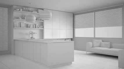 Total white project of modern kitchen with shelves and cabinets, sofa and panoramic window. Contemporary living room, minimalist architecture interior design